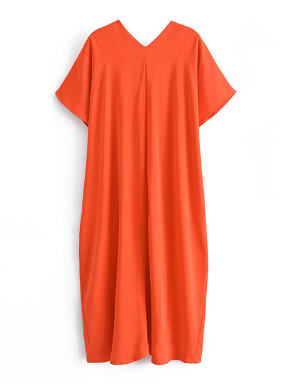 Long Orange V-Neck Dress with Elegant Appeal and Airy Fit