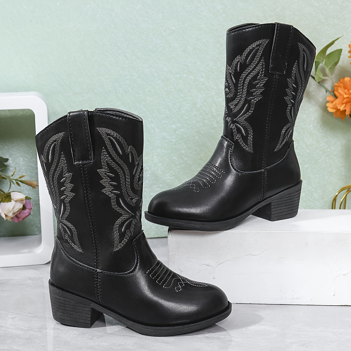 Girls' Vintage Embroidered Pattern Zip Lightweight Anti-Slip Boots - Nikka