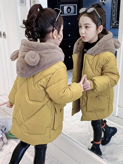 Girls' Winter Cute Polyester Parka with Hood and Zip Detail - Denice