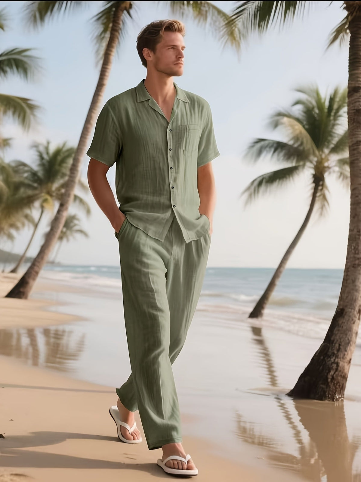 Completo casual da uomo in lino – Comodo e leggero, con pantaloni lunghi e maniche corte