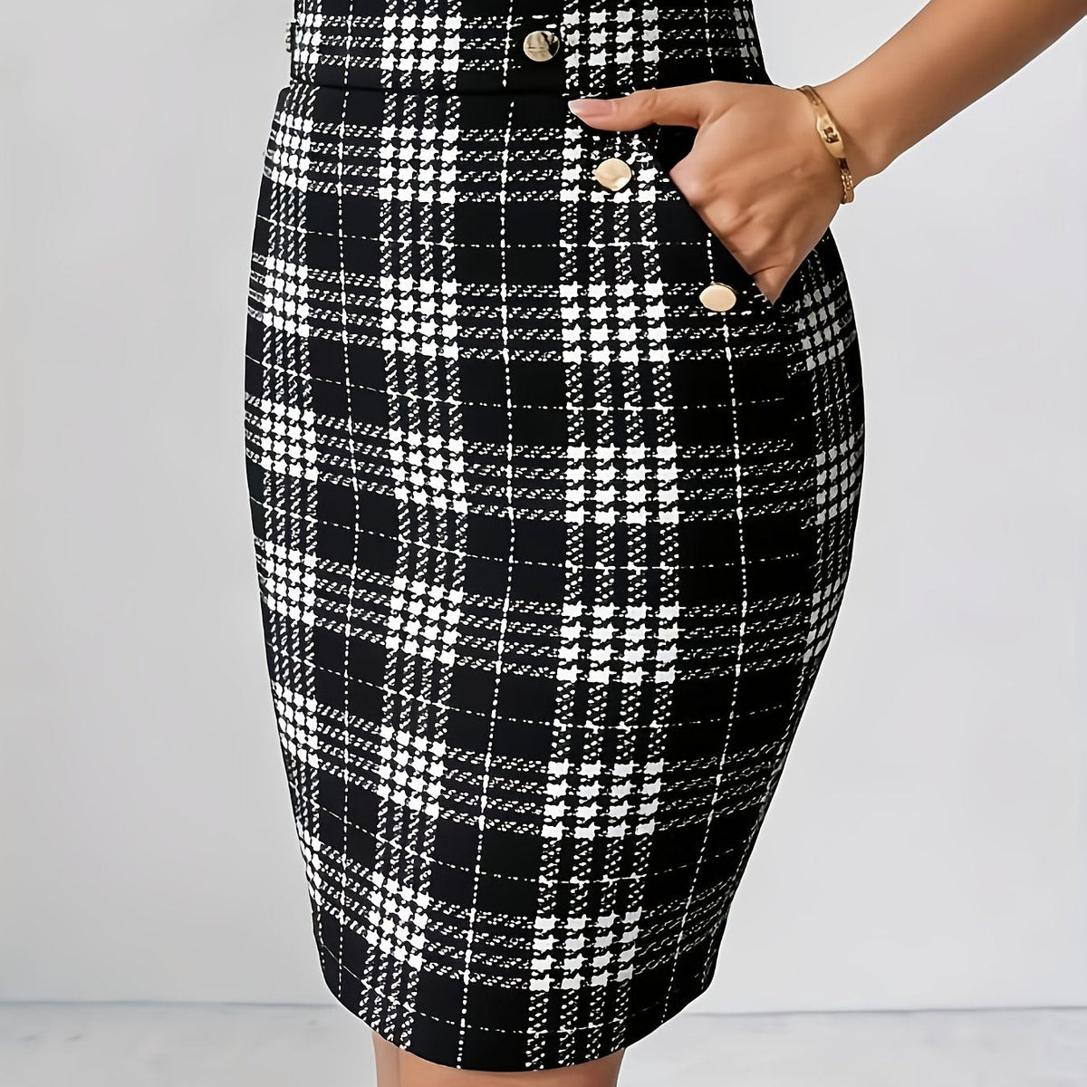 Chic Checked Pencil Skirt with Decorative Buttons and Pockets