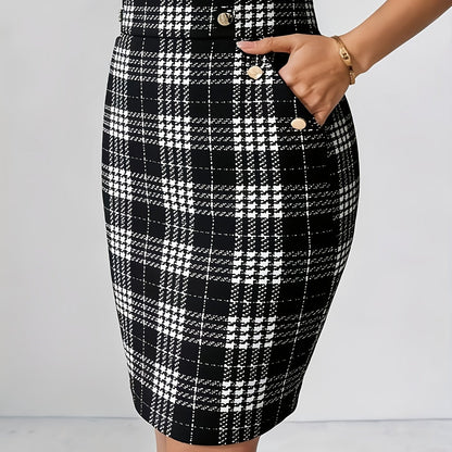 Chic Checked Pencil Skirt with Decorative Buttons and Pockets