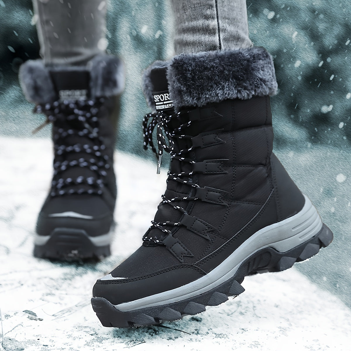 Ladies Waterproof Snow Boots with Faux Fur Trim and Laces