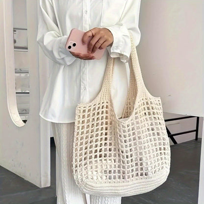 Borsa da spiaggia intrecciata a rete aperta, capiente, da donna