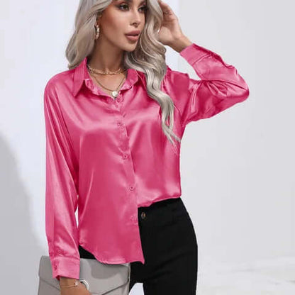 Ladies' Satin Blouse with Long Sleeves and Loose Fit