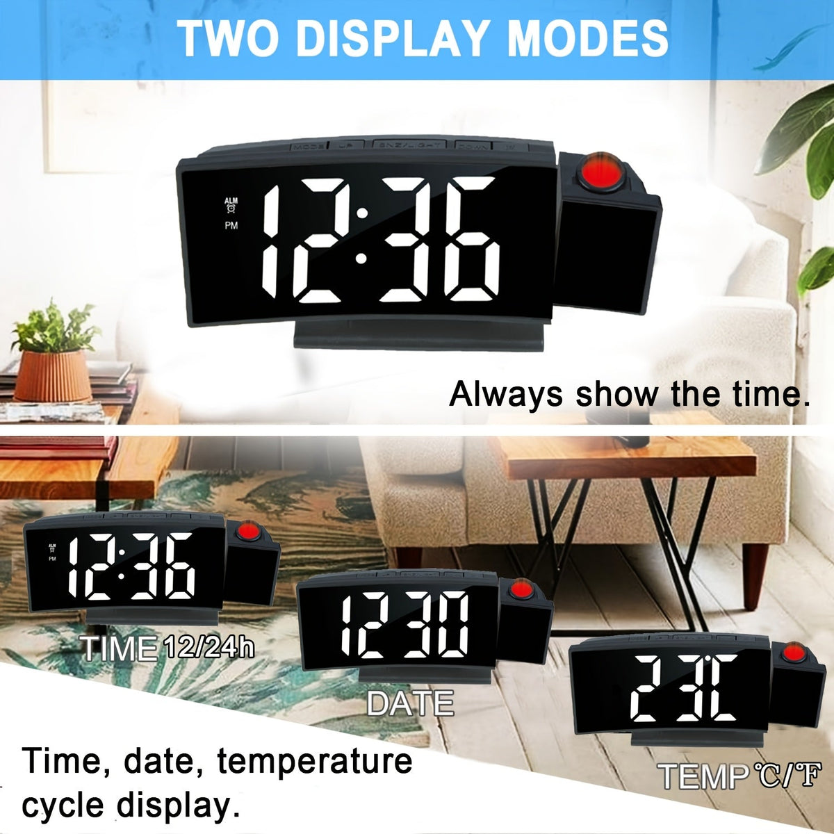 Digital Projection Alarm Clock – LED Display with Snooze Function and Adjustable Brightness