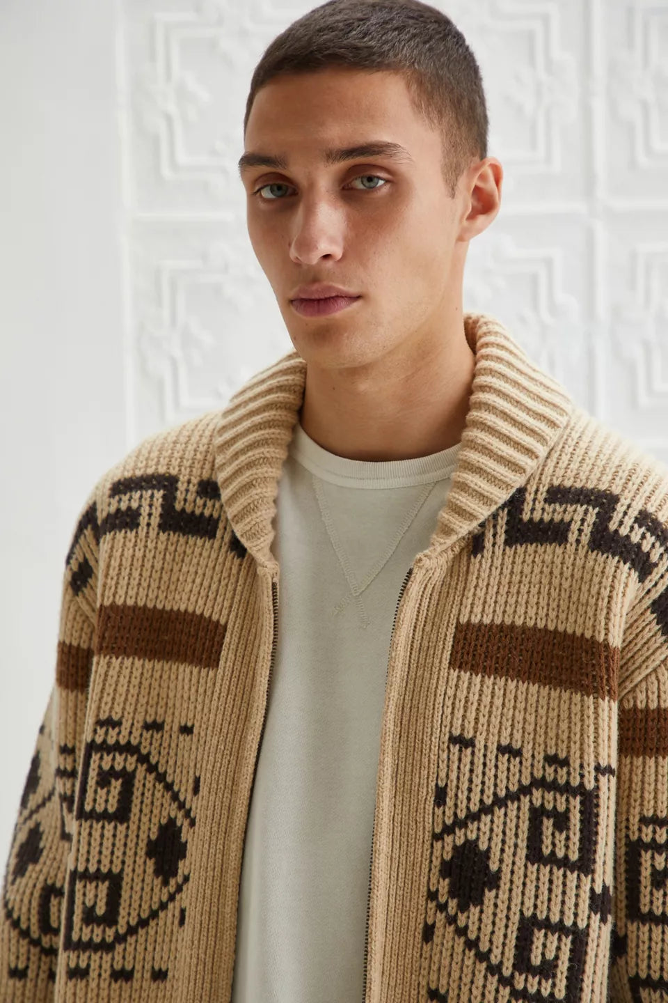 Vintage Jacquard Knitted Men's Gilet with Zip