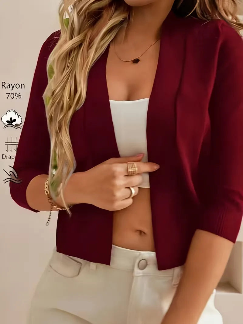 Cardigan violet ouvert devant, manches 3/4