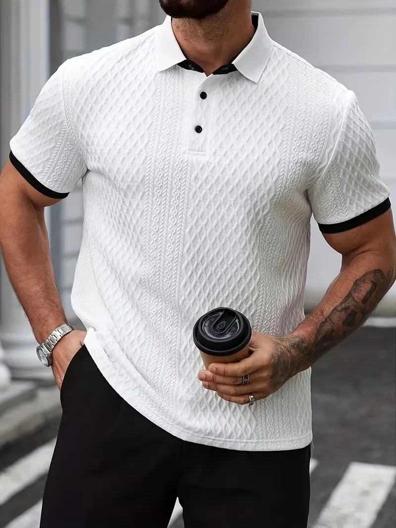 Polo with V-neck and jacquard pattern