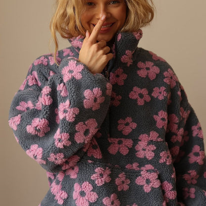 Ladies' Teddy Jumper with Floral Print and Short Zip