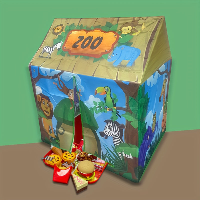 Safari Jungle Play Tent - Animal Themed Playhouse with Burger Set Toy