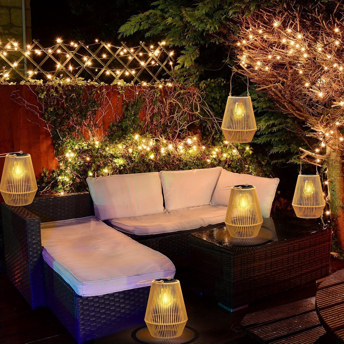 Geweven lantaarns op zonne-energie – elegante hangverlichting voor tuin en terras