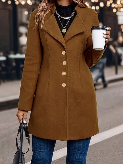 Ladies Long Tunic Coat with Button Closure and Lapel Collar
