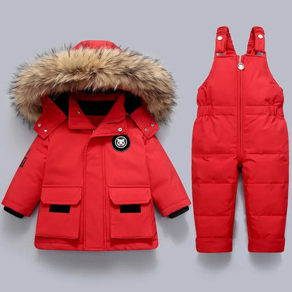 Children's Warm Winter Coat Overall with Fur Collar