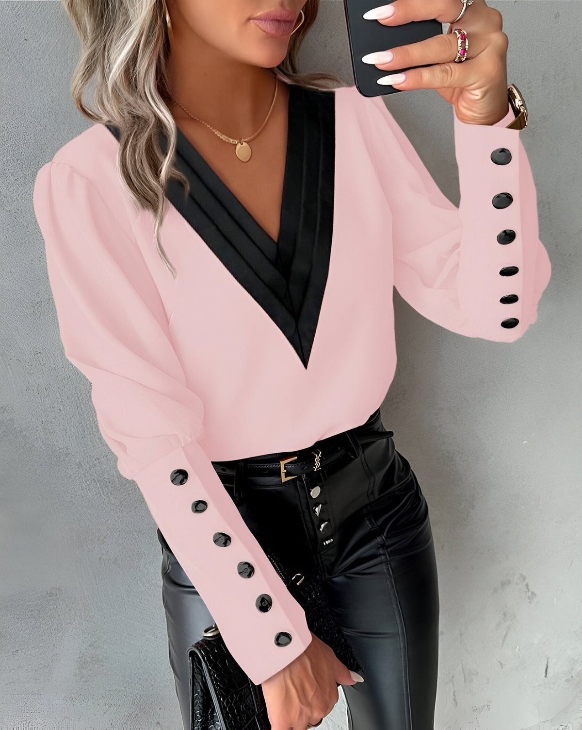 Elegant Ladies' Blouse with V-Neck Colour Block Top with Long Sleeves and Buttons