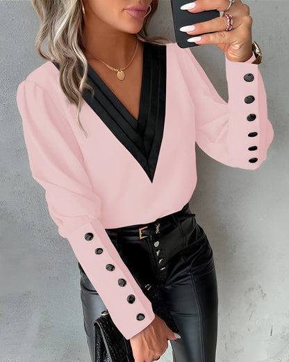 Elegant Ladies' Blouse with V-Neck Colour Block Top with Long Sleeves and Buttons