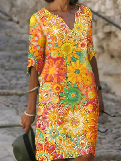 Dress with V-Neck and Floral Print