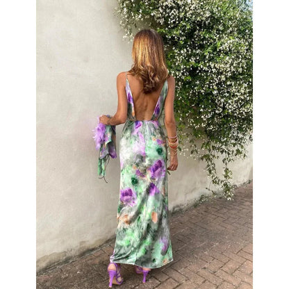 Μάξι φόρεμα παραλίας tie-dye με ανοιχτή πλάτη και μακριά μανίκια