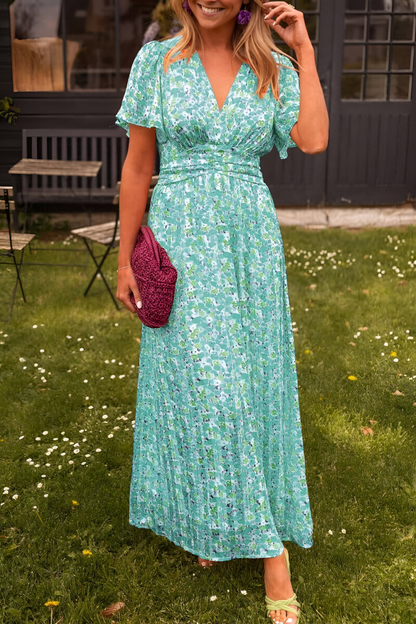 Abito lungo con scollo a V e stampa floreale, per un elegante look estivo