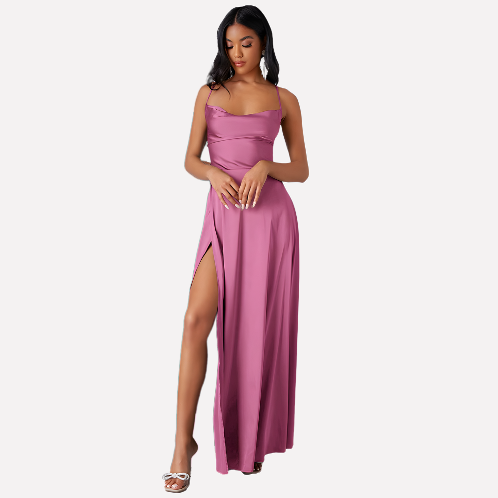 Maxi dress for women with an open back and high side slit.