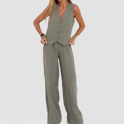 Summer Sleeveless V-Neck Waistcoat and Loose Straight Trousers
