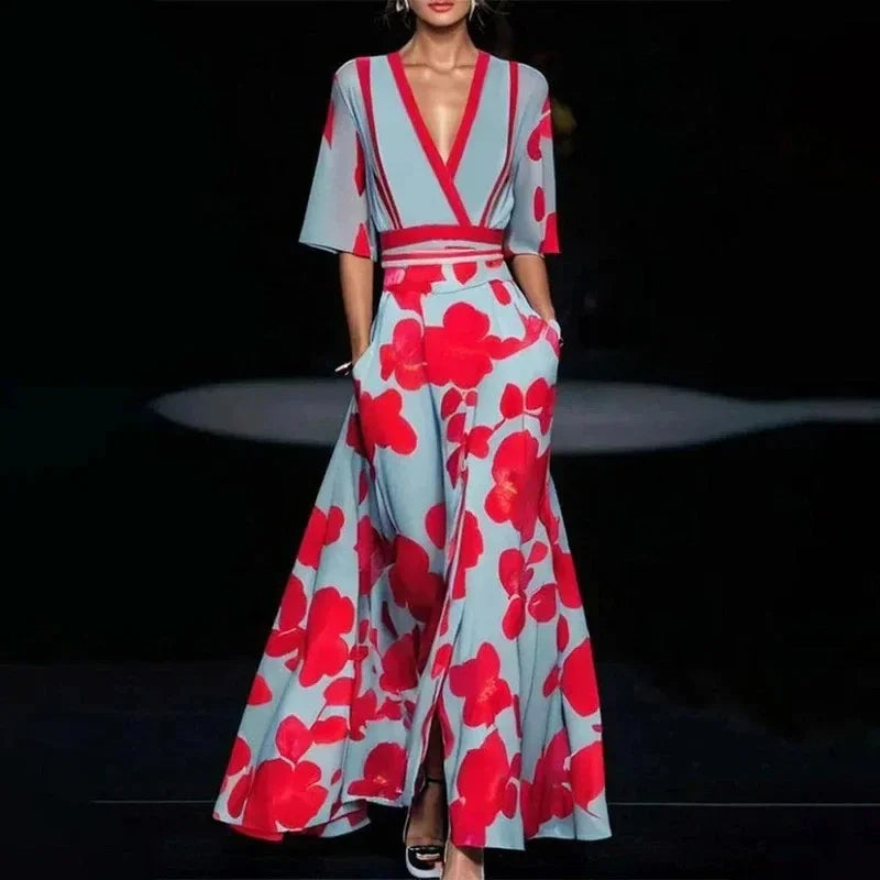 V-Neck Maxi Dress with Print and Pockets