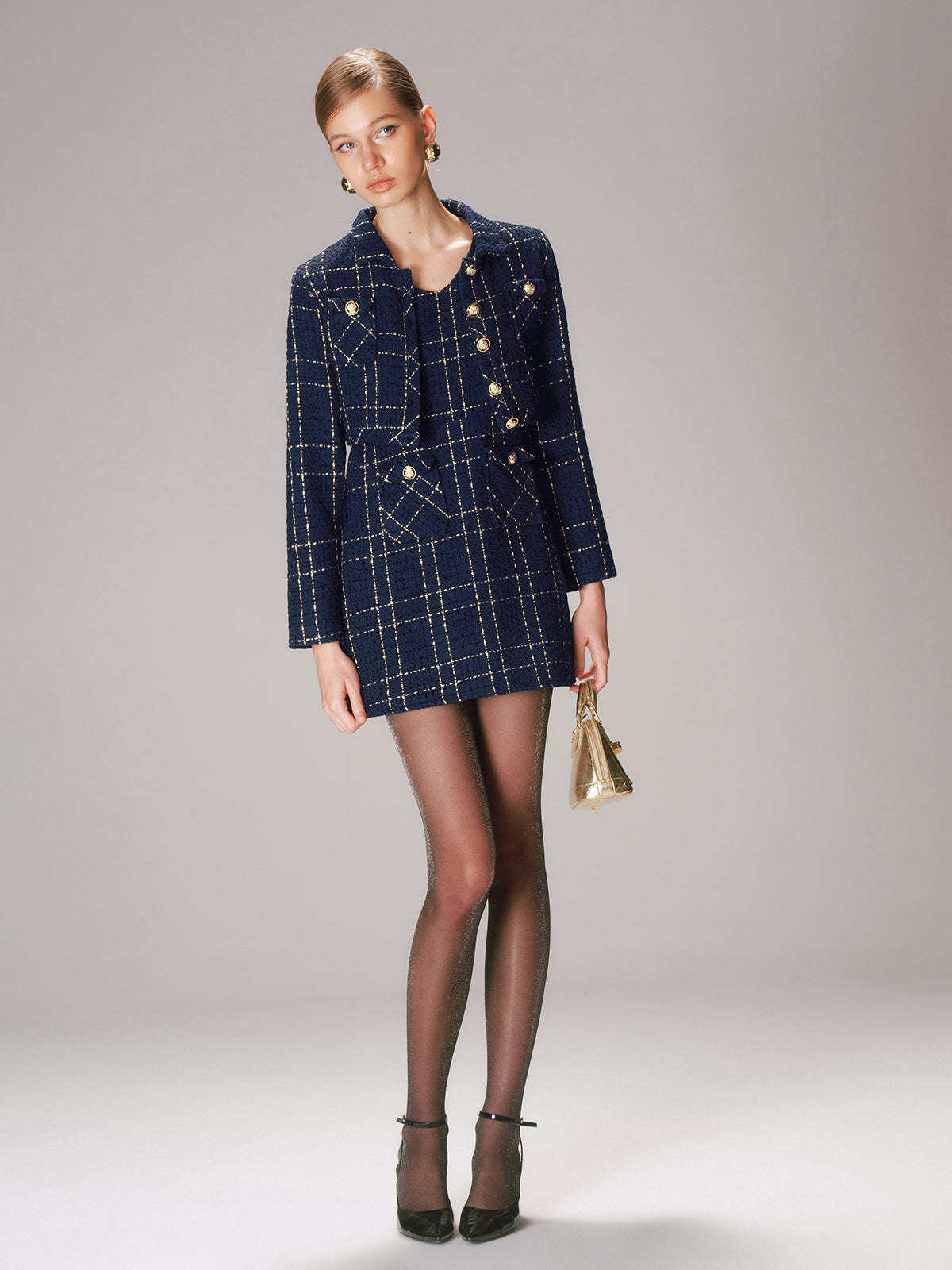 Chic Women's Tweed Set with Short Blazer and Mini Dress