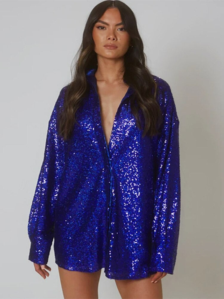 Ladies' Festive Oversized Blouse with Sequins and Collar