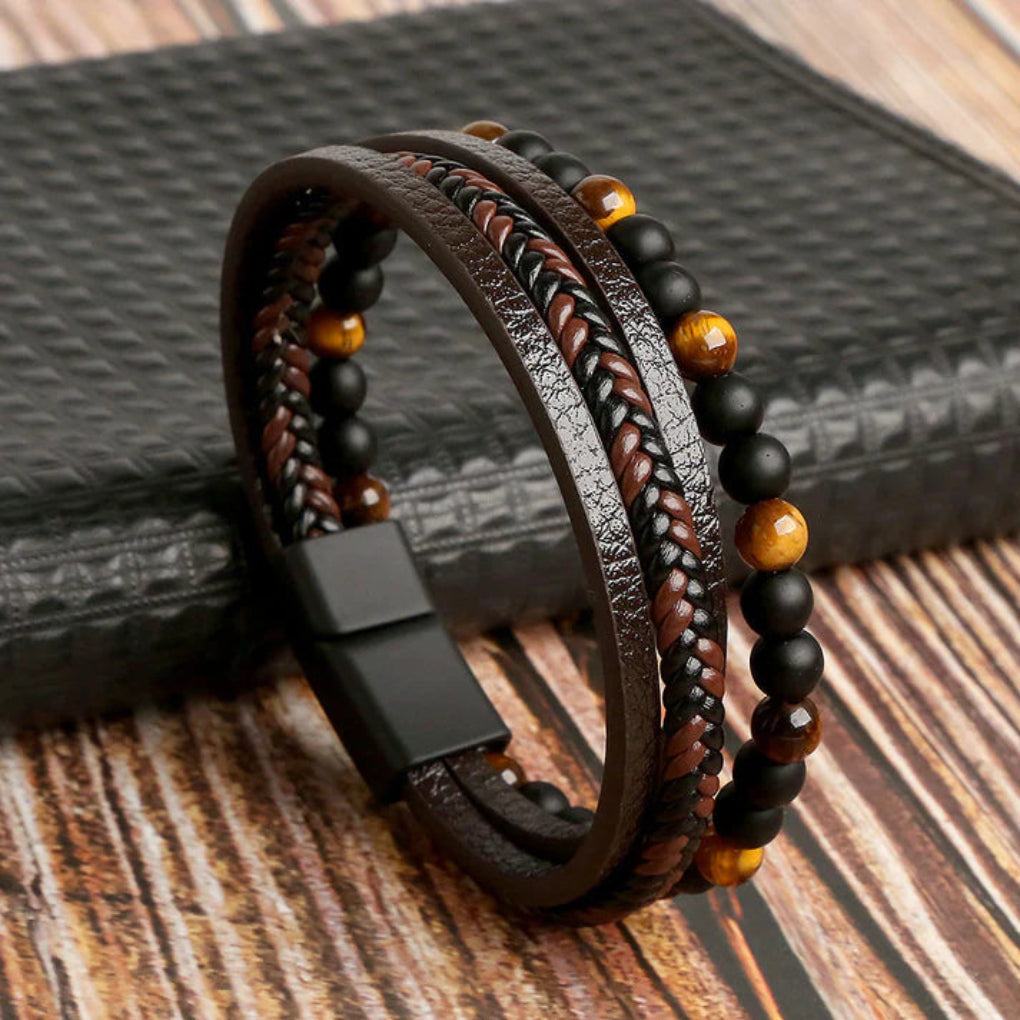 Men's Bracelet Made of Layered Leather and Stone Beads