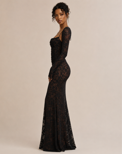 Maxi-avondjurk van kant voor dames met lange mouwen en elegant silhouet