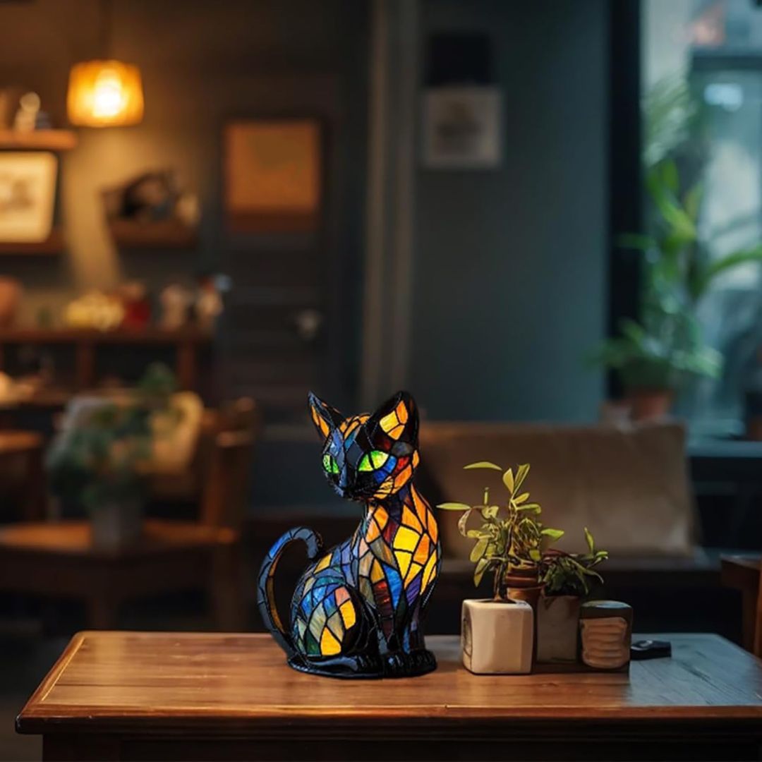 Candeeiro decorativo para gatos com design em mosaico e luz ambiente quente – Decoração elegante para a casa