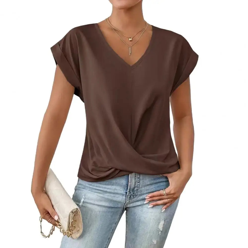 Stylish V-Neck Blouse with Pleated Detail