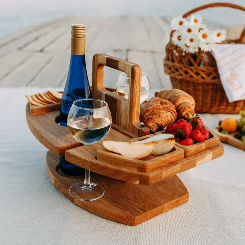Elegant Oak Picnic Wine Table – Compact & Versatile