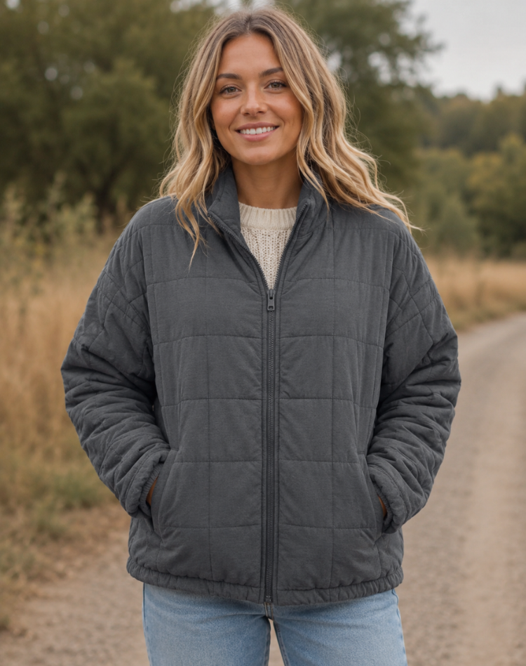 Quilted Bomber Jacket with Zip and Pockets