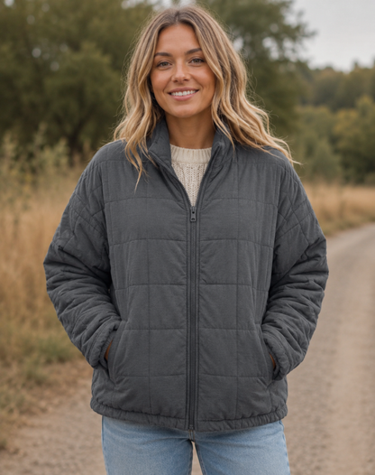 Quilted Bomber Jacket with Zip and Pockets