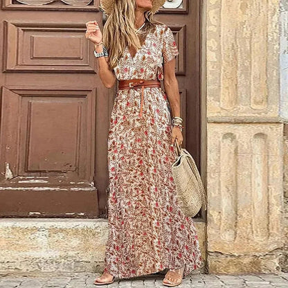 Summer Boho Dress with Floral Print and V-Neck