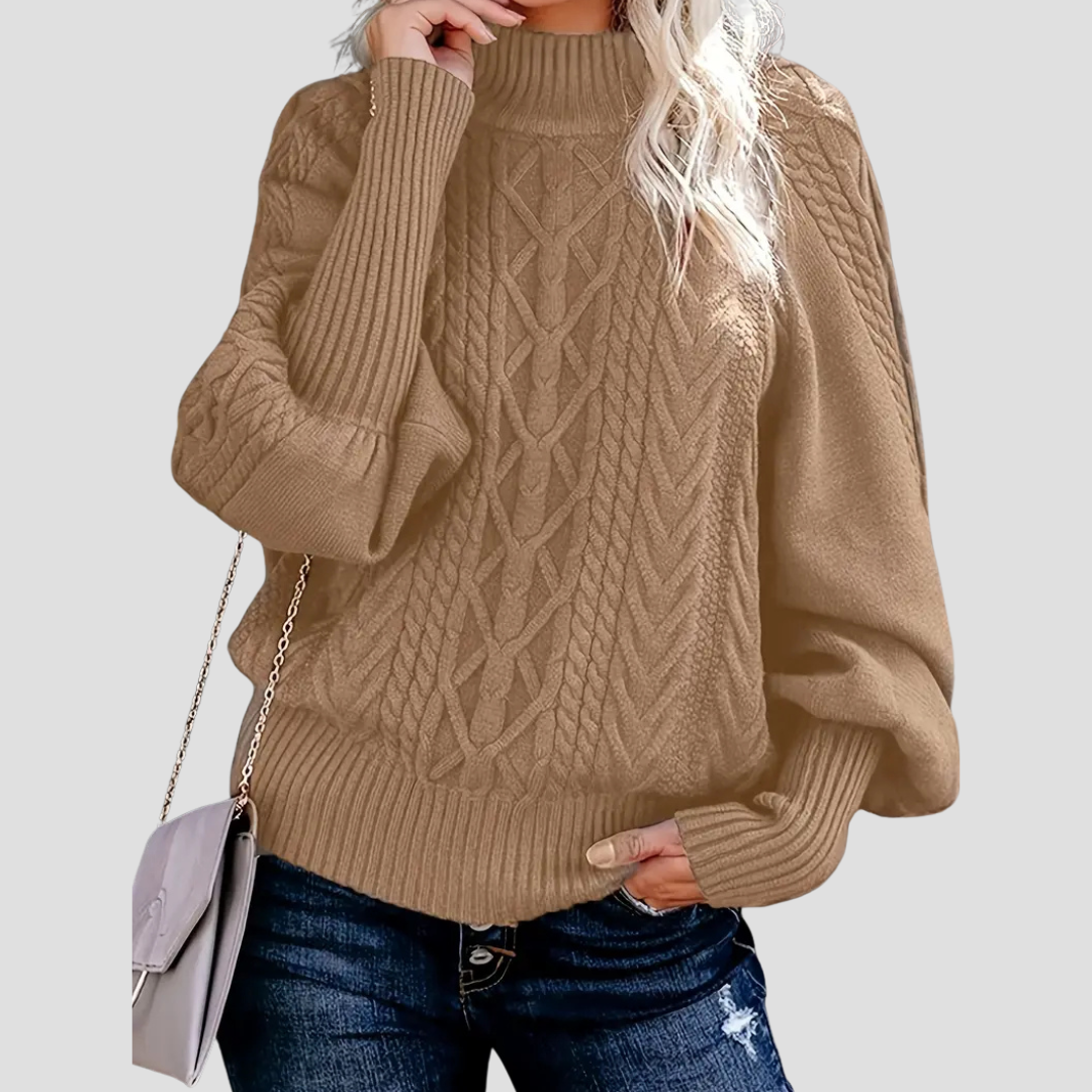 Cable Knit Ladies Turtleneck Warm with Balloon Sleeves