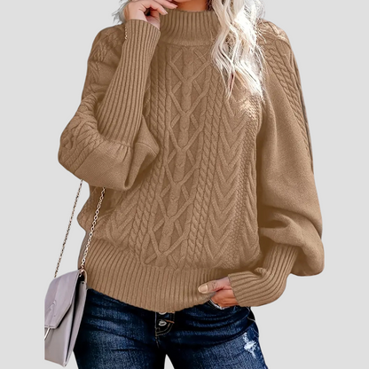 Cable Knit Ladies Turtleneck Warm with Balloon Sleeves