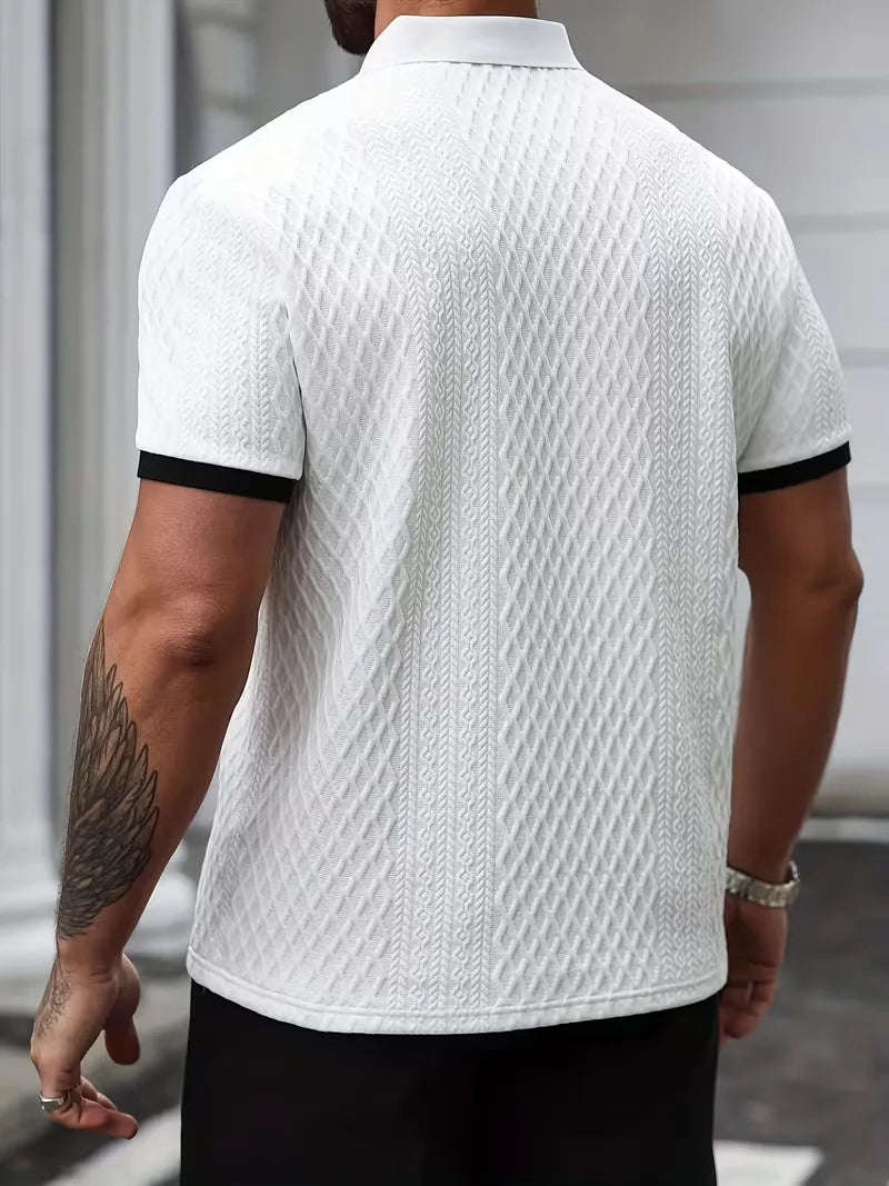 Polo with V-neck and jacquard pattern