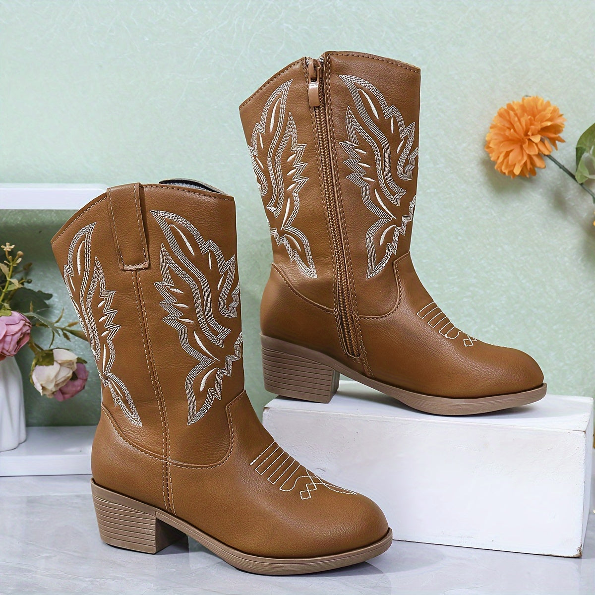 Girls' Vintage Embroidered Pattern Zip Lightweight Anti-Slip Boots - Nikka