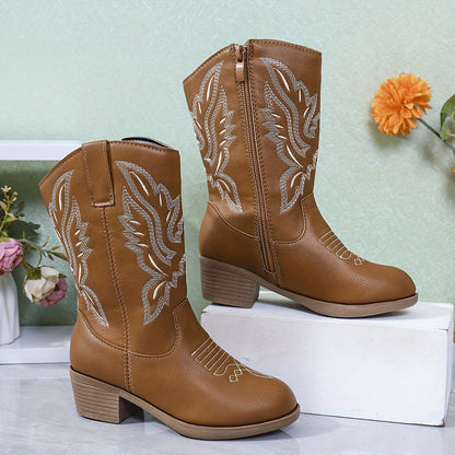 Girls' Vintage Embroidered Pattern Zip Lightweight Anti-Slip Boots - Nikka
