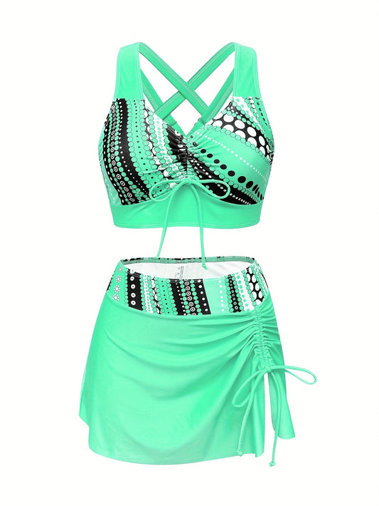 Dreiteiliges Tankini-Set für Damen mit Punktmuster und Rock