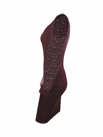 Bodycon Midi Cocktail Dress for Women with Glitter and Sheer Sleeves