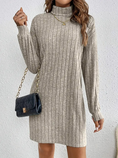 Trendy Ribbed Mini Sweater Dress for Women with Roll Neck and Long Sleeves