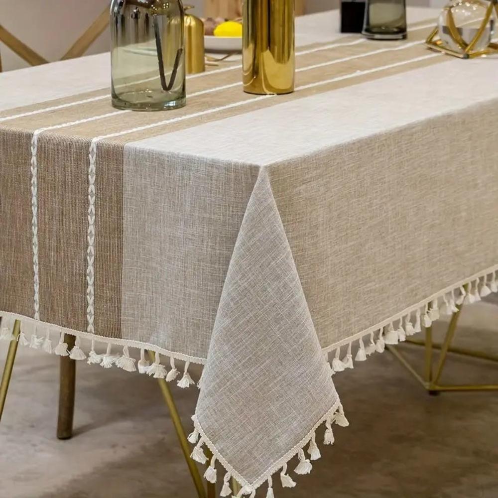 Linen Tablecloth with Geometric Pattern and Tassels