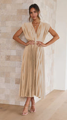 Ilse - Vestido midi plisado refinado con escote en V