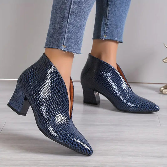 Botines de mujer con estampado de serpiente y tacón ancho elegante