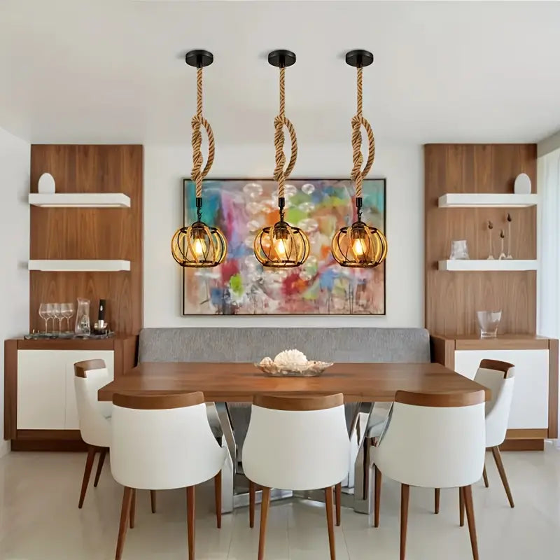 Industrial Pendant Light with Braided Rope and Metal Frame for Interiors