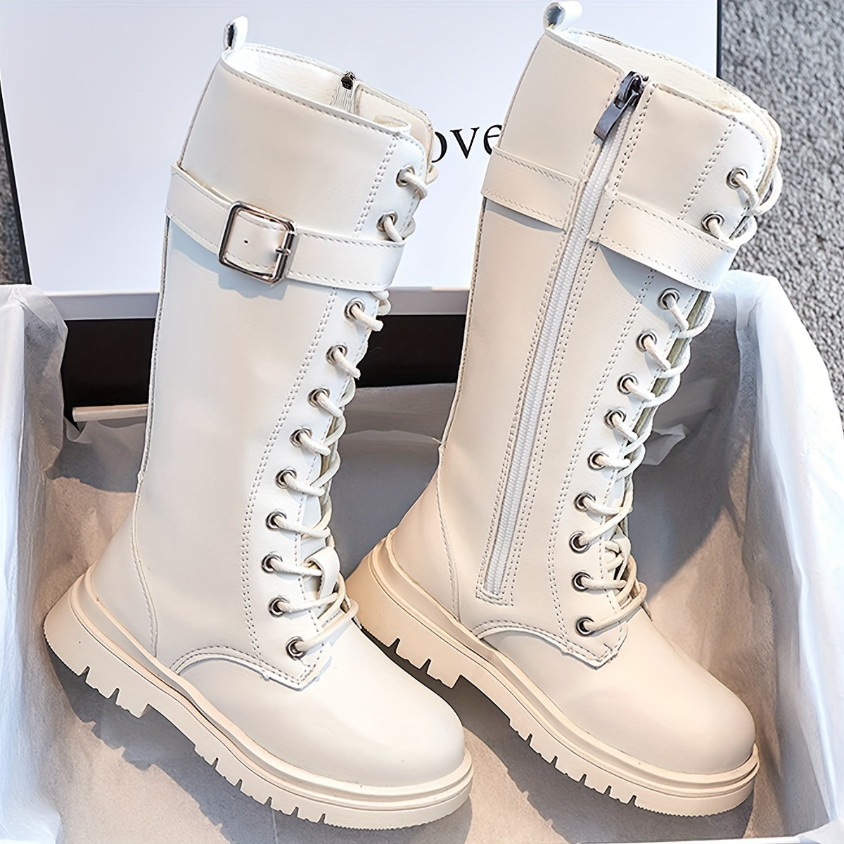 Girls' Knee-High Boots with Zip Closure, Lace Design and Buckle - Susan
