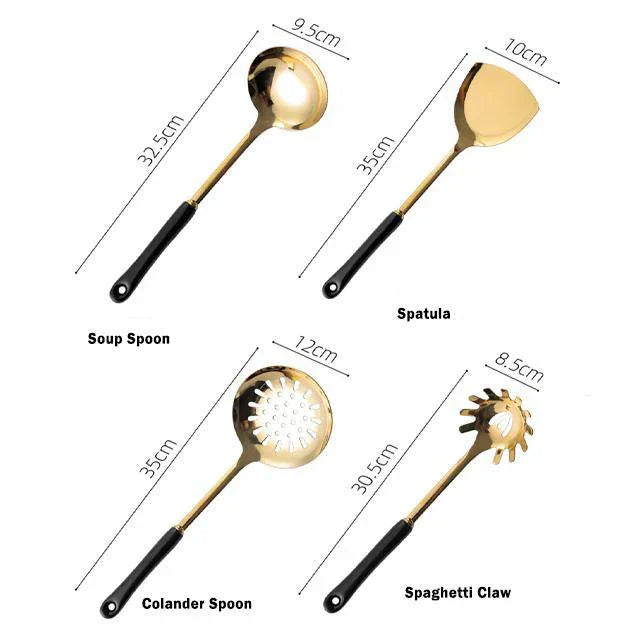 Luxe gouden keukengerei-set - 7-delig met Lattea-standaard
